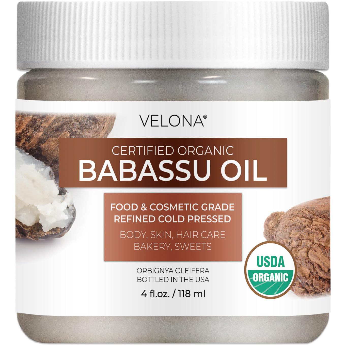 velona Babassu Oil USDA Certified Organic - 4 Fl Oz | 100% Pure and Natural Carrier Oil | Refined, Cold Pressed | Face, Hair, Body & Skin Care and Cooking | Use Today - Enjoy Results