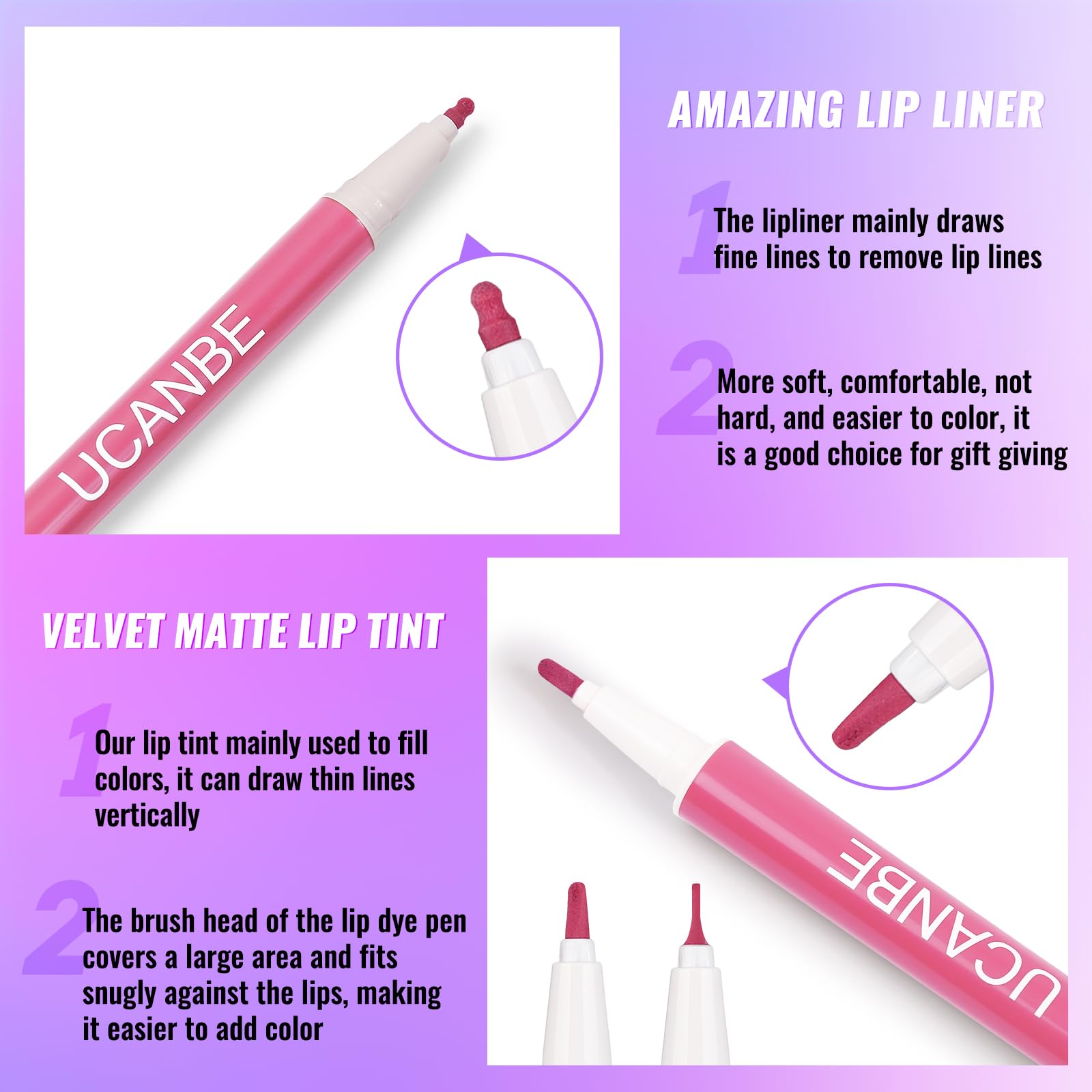 UCANBE 2pcs Matte Lip Tint Stain Set, 1 Lip Stain & 1 Lip Liner Pencil, Long Lasting Waterproof Lightweight Non-sticky Liquid Lipstick for Women & Girl (01 NUDE PINK)