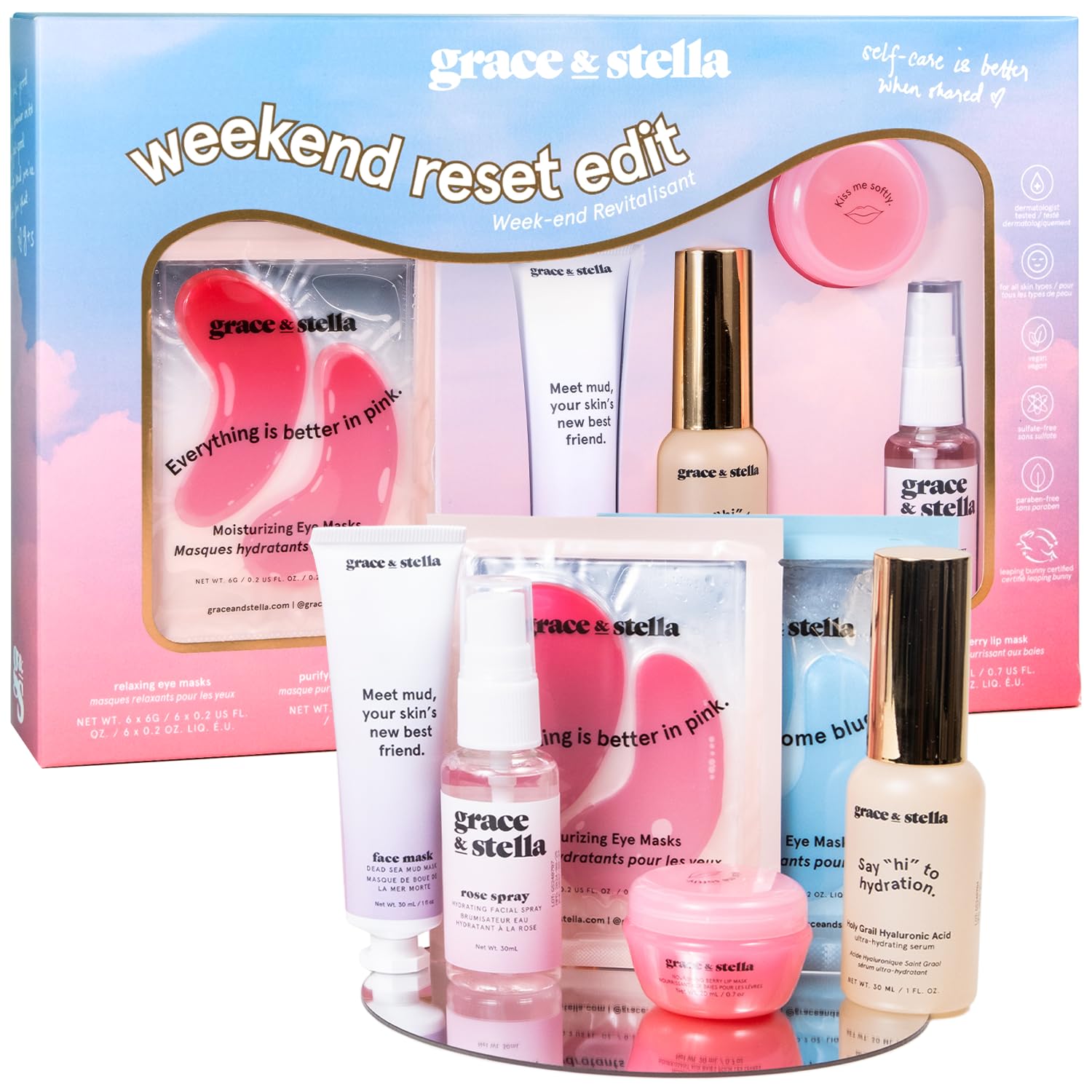 grace & stella Award Winning Mothers Day Gifts Bulk - Gifts for Women - Travel Size Toiletries with Eye Masks, Hyaluronic Acid Serum, Lip Balm & More - Anniversary, Bachelorette Party - Vegan Sef Care
