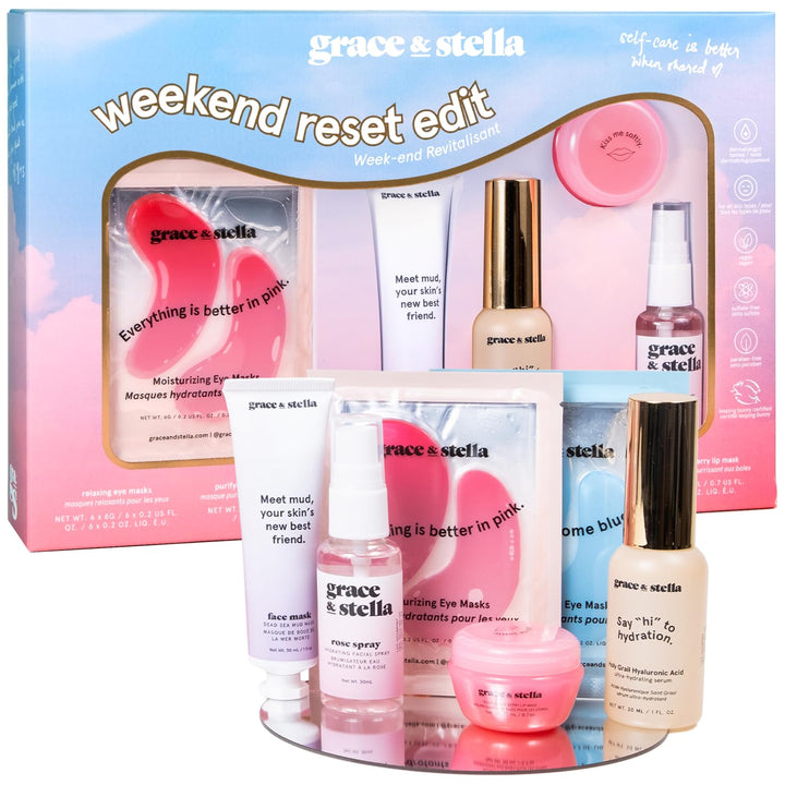 grace & stella Award Winning Mothers Day Gifts Bulk - Gifts for Women - Travel Size Toiletries with Eye Masks, Hyaluronic Acid Serum, Lip Balm & More - Anniversary, Bachelorette Party - Vegan Sef Care