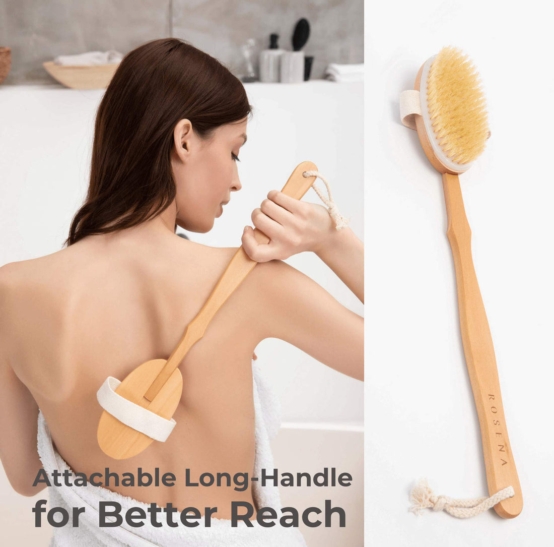 Rosena Dry Brushing Body Brush Set - Best for Skin Natural Exfoliating, Cellulite & Lymphatic Drainage | Kit Includes Face Brush, Fascia Massager & Long Handle Back Scrubber for Shower & Bath