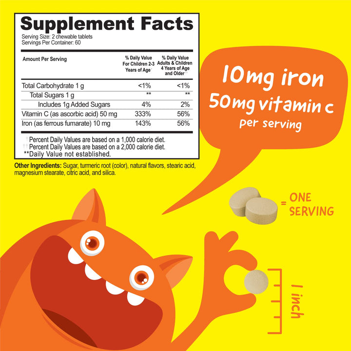 VitaWorks Kids Iron 10mg with Vitamin C 50mg Chewable Tablets - Tasty Natural Flavored - Vegan, Vegetarian, GMO-Free, Nut Free - Dietary Iron Supplement - Blood Formation for Children - 120 Chewables