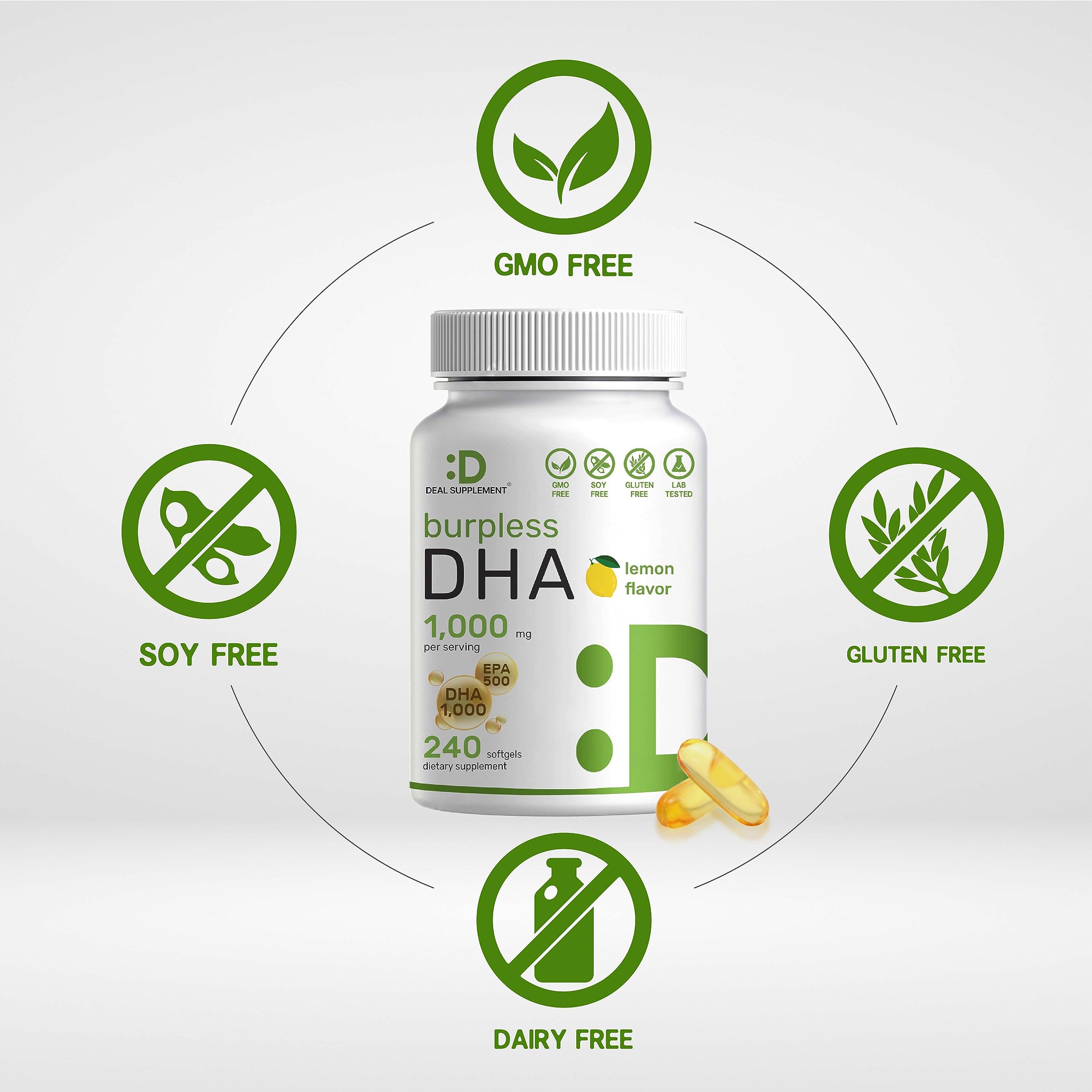 DHA Supplements | 240 Softgels, Burpless, Lemon Flavor, DHA 1000mg + EPA 500mg, Wild Caught Fish