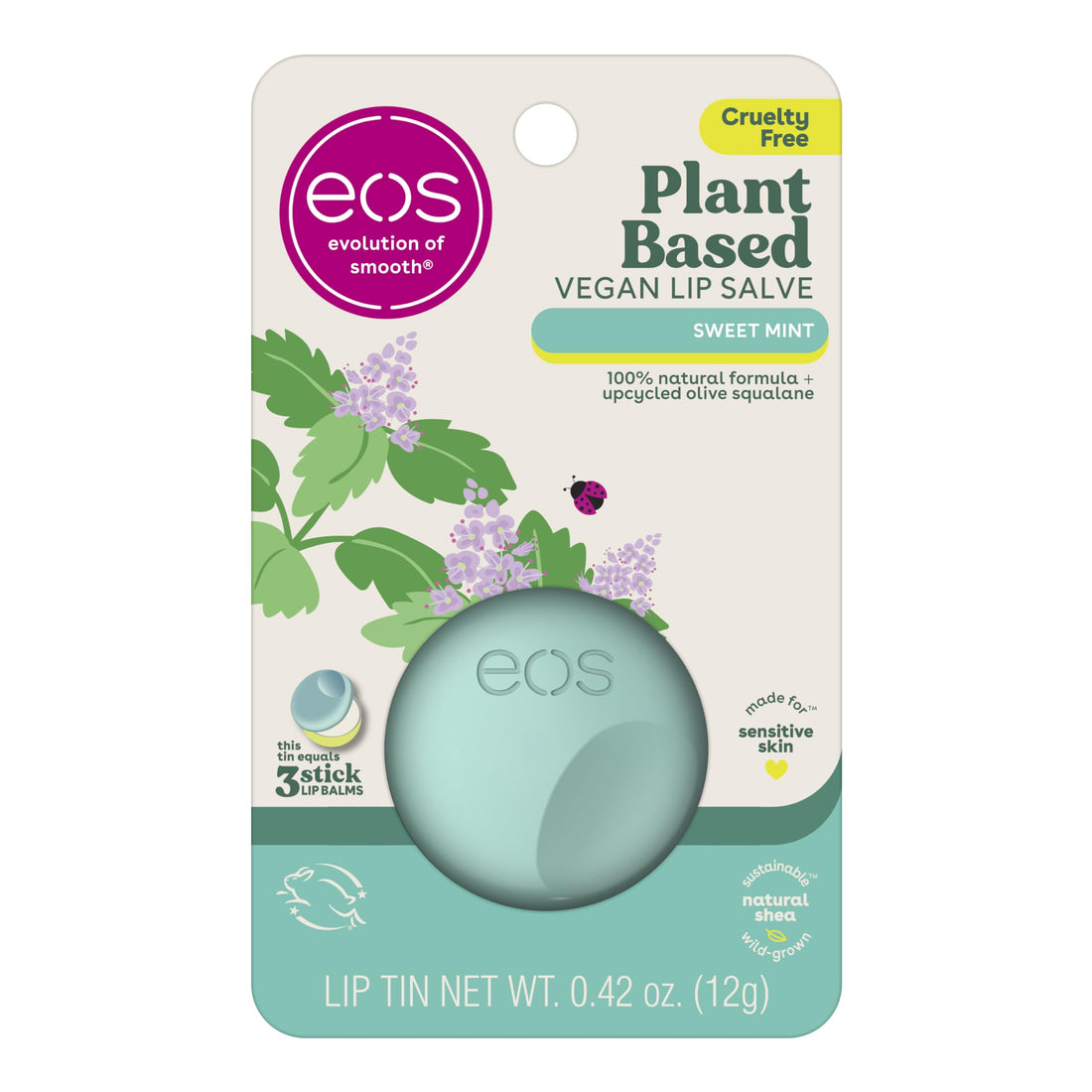 eos Plant-Based Vegan Lip Salve - Sweet Mint, 100% Natural Formula, Cocoa Butter Lip Balm with Upcycled Olive Squalane, Cruelty-Free, 0.42 oz