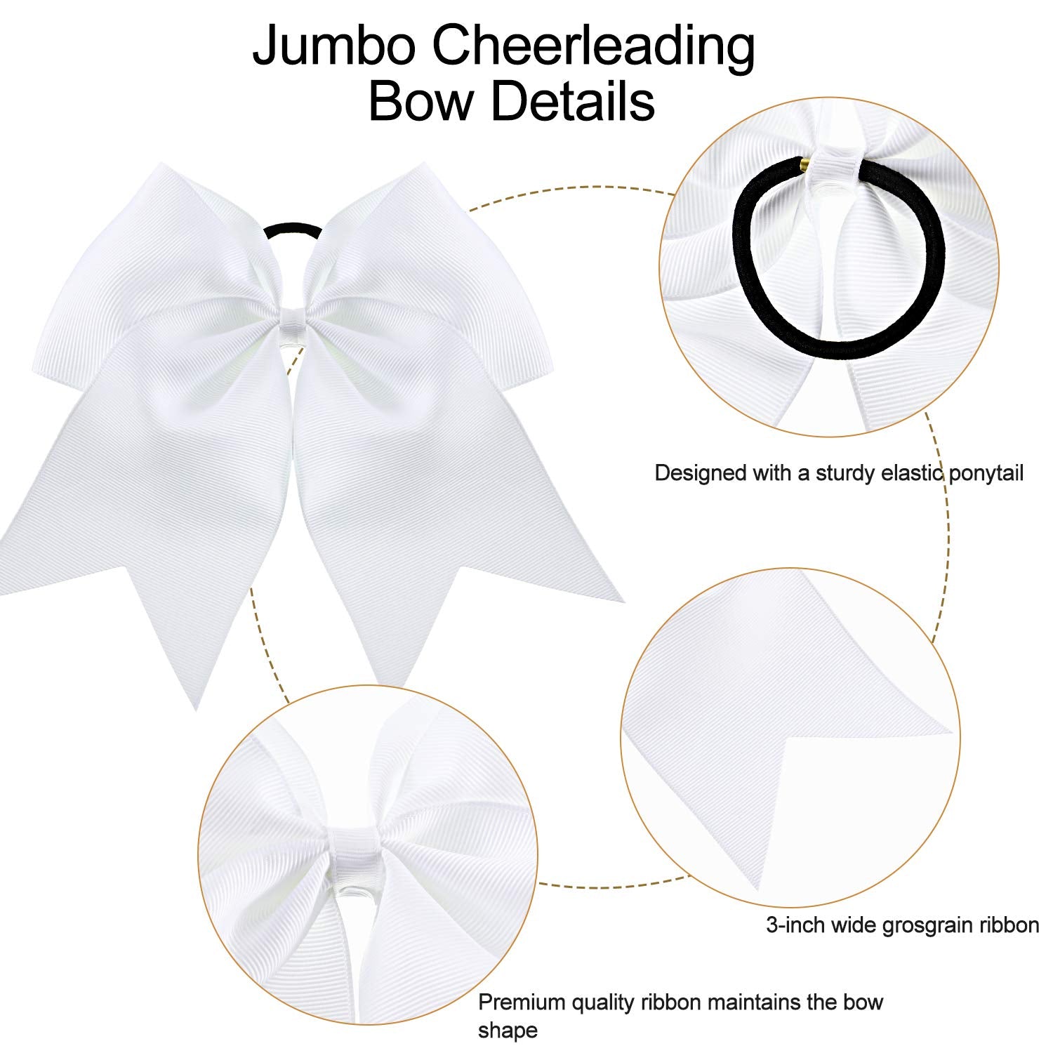 2 Packs Jumbo Cheerleading Bow 8 Inch Large Cheer Hair Bows with Ponytail Holder for Teen Girls Softball Outfit Uniform(White)