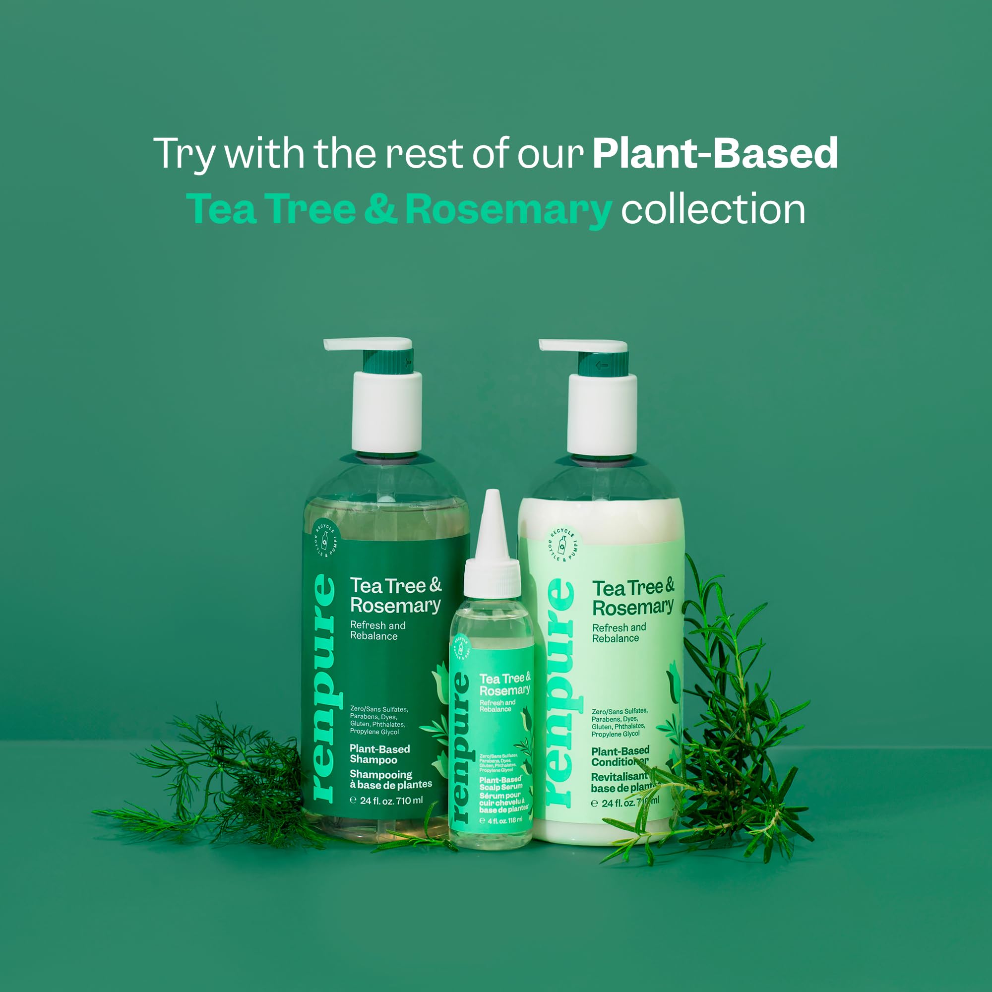 Renpure Plant Based Tea Tree and Rosemary Refresh and Rebalance Shampoo - Soothes Dry Scalp - Delivers Moisture and Shine - Rids Hair of Grime - Dye Free - Recyclable, Pump Bottle Design - 24 fl oz