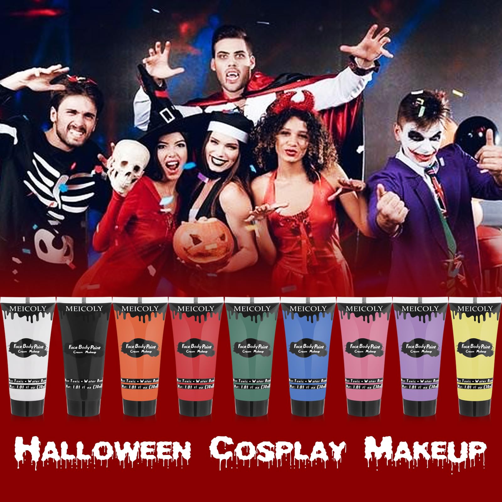 MEICOLY 9 Colors Face Body Paint Set,1.01x9oz/Box,Water Based Washable Face Paint for Adult Kid,Elphaba Green Face Paint,Safe Body Paint for Skin,Red White Blue Face Painting Kit for Halloween Makeup