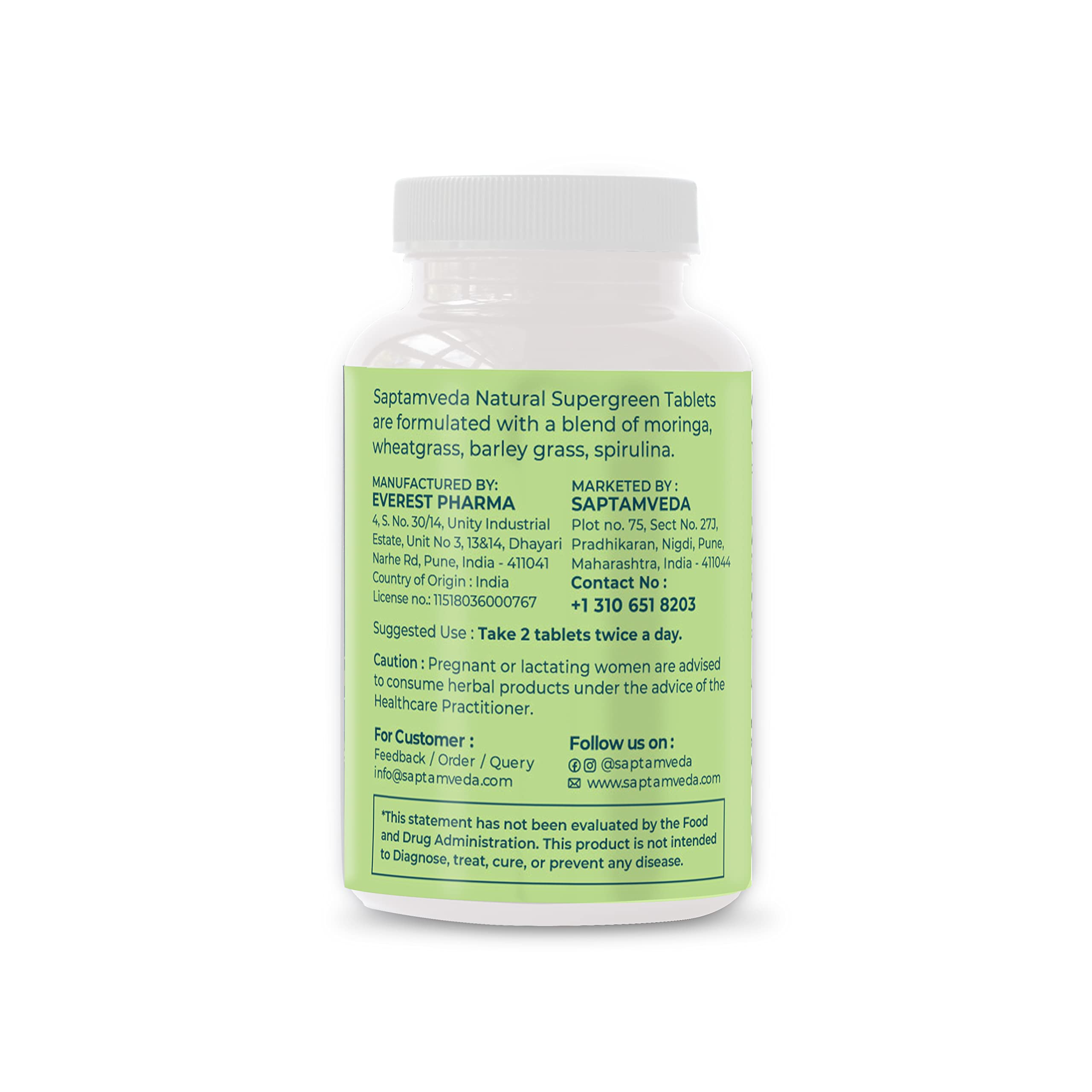 SAPTAMVEDA Natural Supergreen 120 Tablets | Multivitamin, Contains Moringa, Wheatgrass, Spirulina & Barely Grass