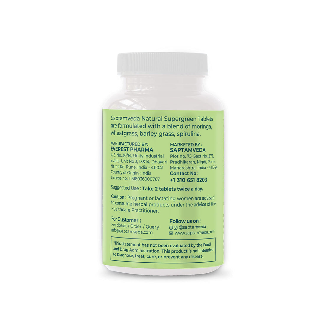 SAPTAMVEDA Natural Supergreen 120 Tablets | Multivitamin, Contains Moringa, Wheatgrass, Spirulina & Barely Grass