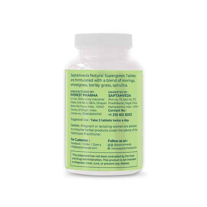 SAPTAMVEDA Natural Supergreen 120 Tablets | Multivitamin, Contains Moringa, Wheatgrass, Spirulina & Barely Grass