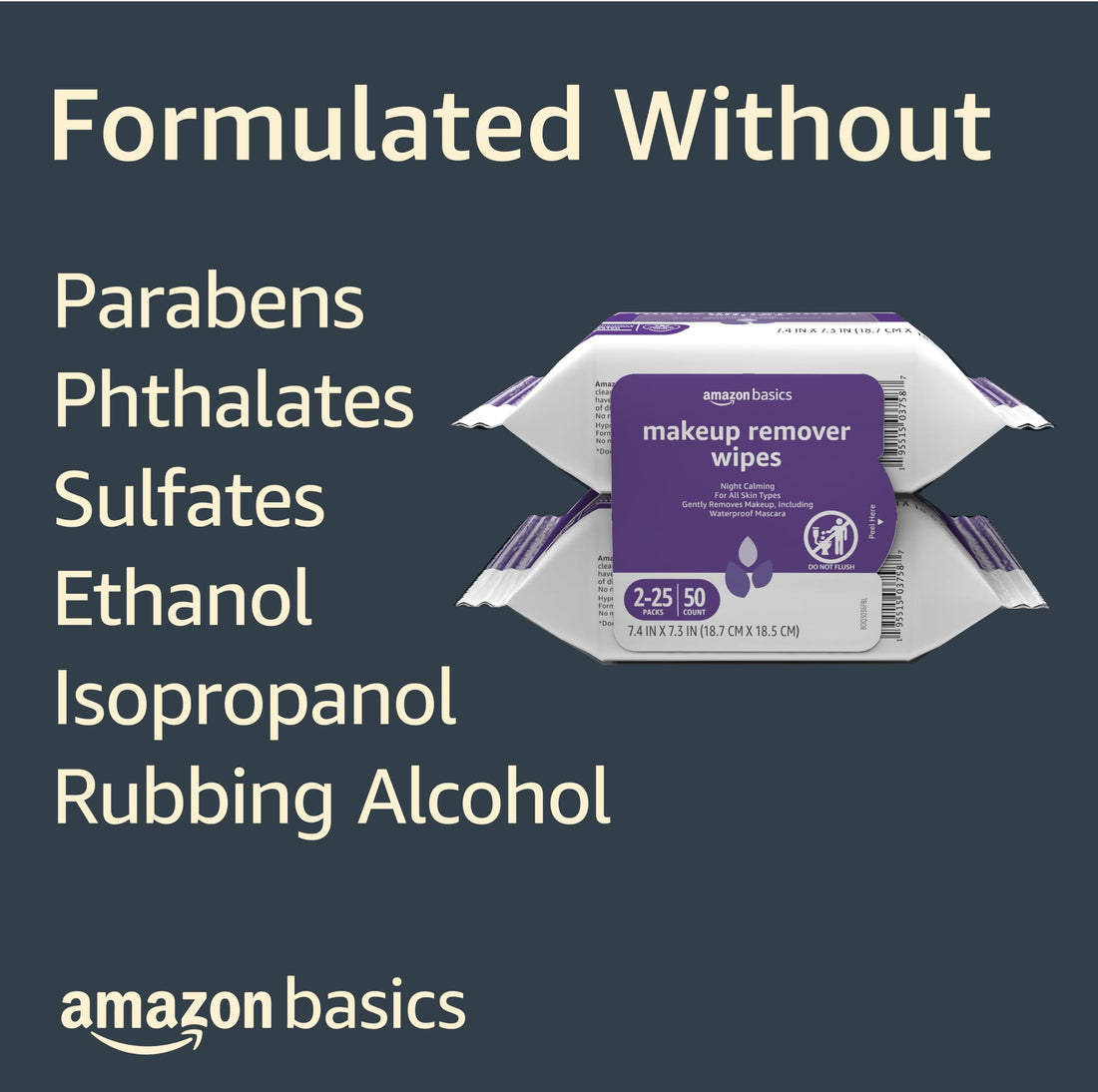 Amazon Basics Make Up Remover Wipes, Night Calming, 25 Count, Pack of 2 (Previously Solimo)