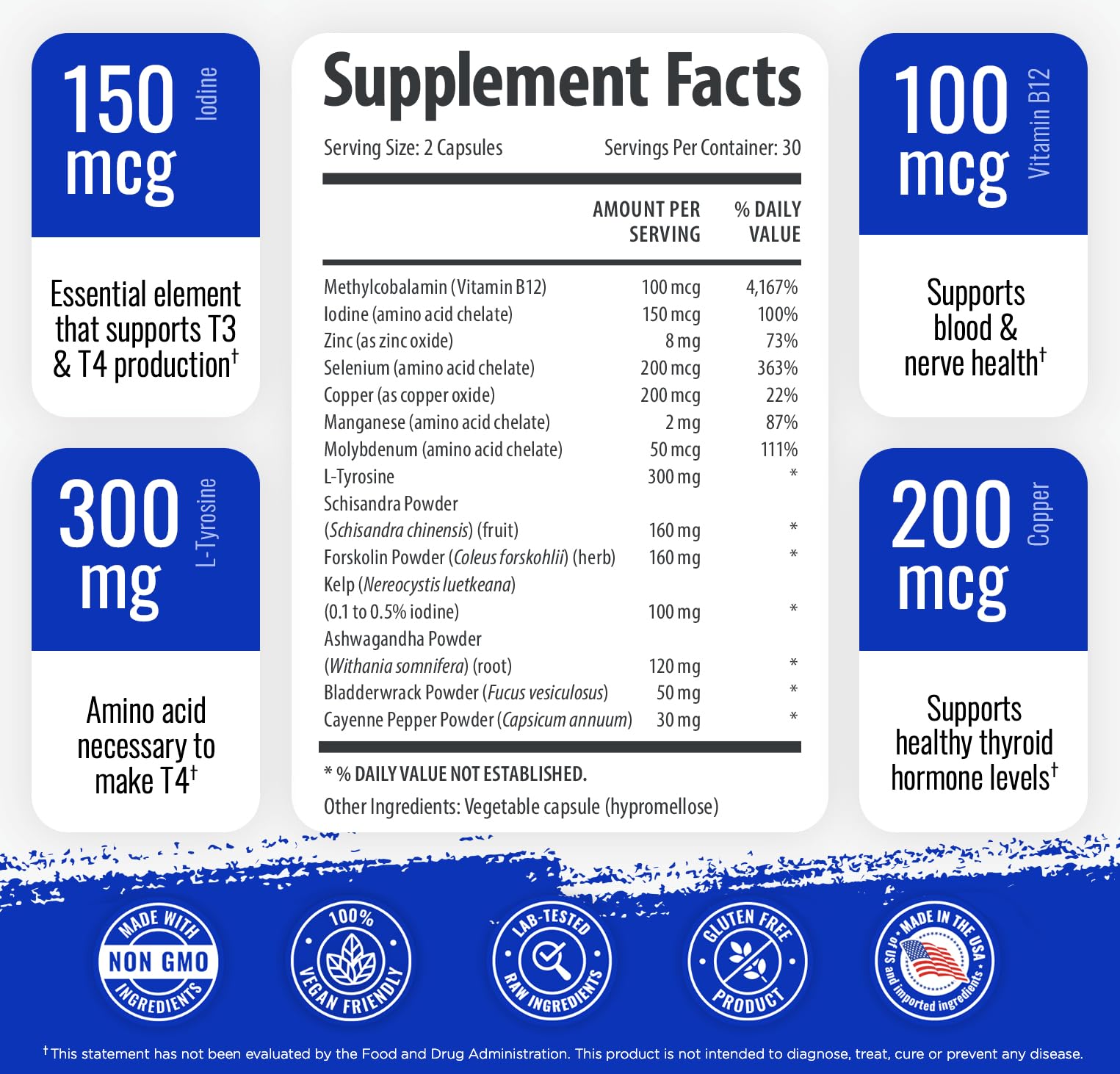 1 Body Thyroid Support Supplement with Iodine, B12, Zinc, Selenium, Ashwagandha, Non-GMO, Vegetarian, 30 Day Supply