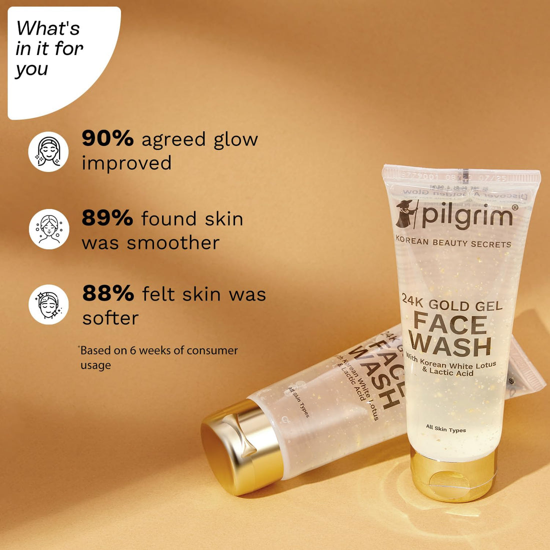 Pilgrim 24K Gold Gel Face Wash | with Lactic Acid & Korean White Lotus | Enhance Skin Radiance & Reduces Dark Spots | Gentle Exfoliating Cleanser for Glowing Skin | 2.71 Fl Oz (80ml)