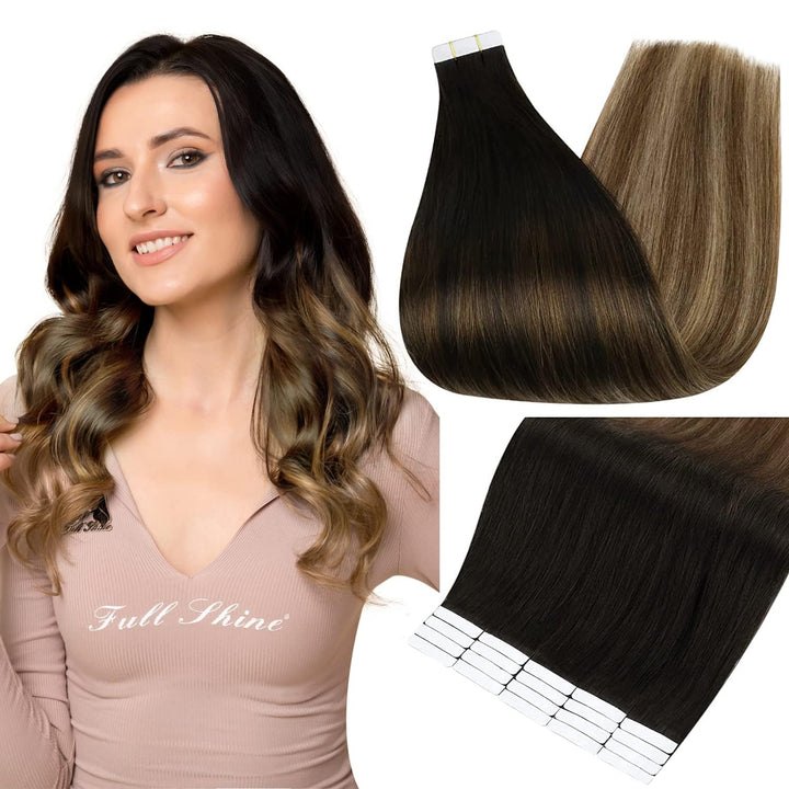 18 Inch, 1B/#6/#27 : Fshine 18 Tape in Ombre Hair Extensions Human Hair Tape in Extensions Balayage Hair Color #1B Fading to #6 and #27 Honey Blonde 20 Pcs 50gram Per Package