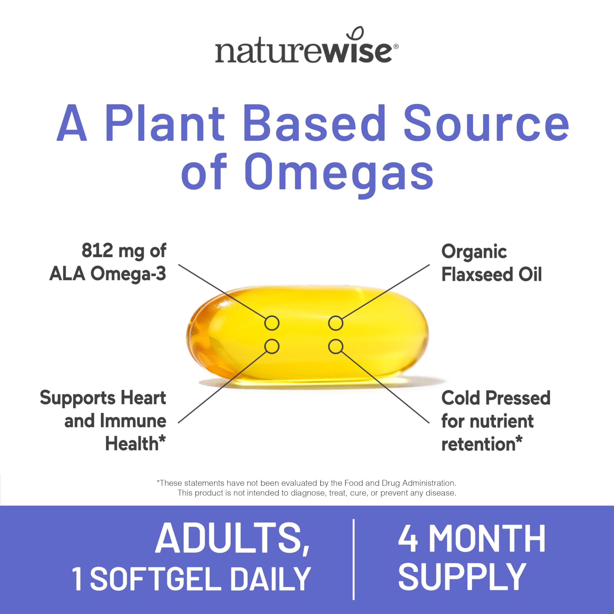 NatureWise Flaxseed Oil 1400 mg, Fish Free, High Potency Omega 3 with 812 mg ALA, Dietary Supplement for Heart Health Support - Organic, Cold Pressed, Non-GMO - 120 Softgels[120-Day Supply]