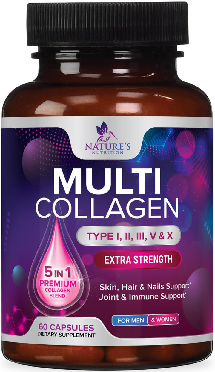 Collagen Peptides for Women & Men - Type I, II, III, V, X Multi Collagen Pills, Hydrolyzed Collagen Peptides Supplements, Nature's Hair, Skin, Nail, and Joint Support Supplement, Non-GMO, 60 Capsules