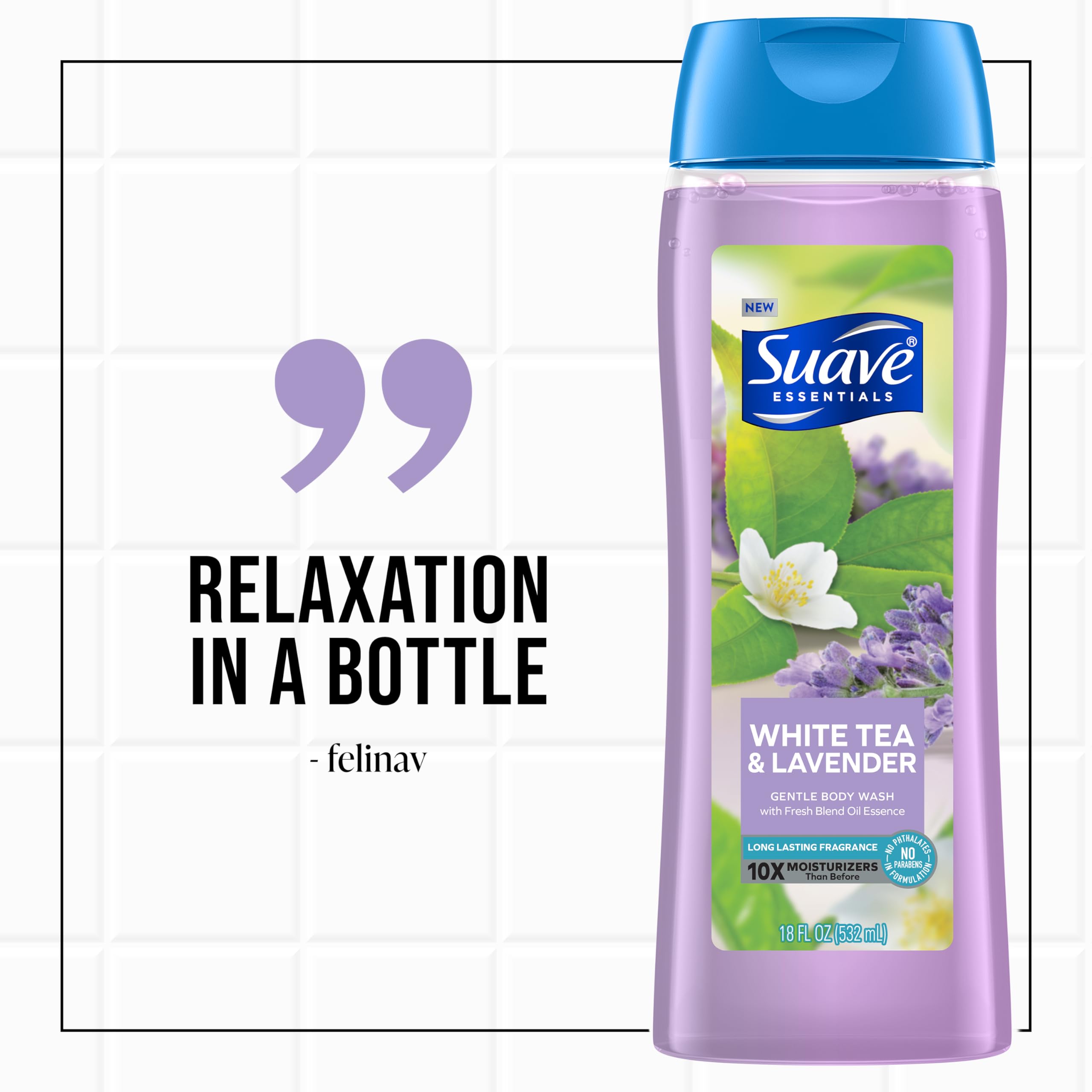 Suave Moisturizing Body Wash Women, White Tea and Lavender with Vitamin E and Aloe Extracts, No Parabens, No Phthalates, 18 Oz (Pack of 6)