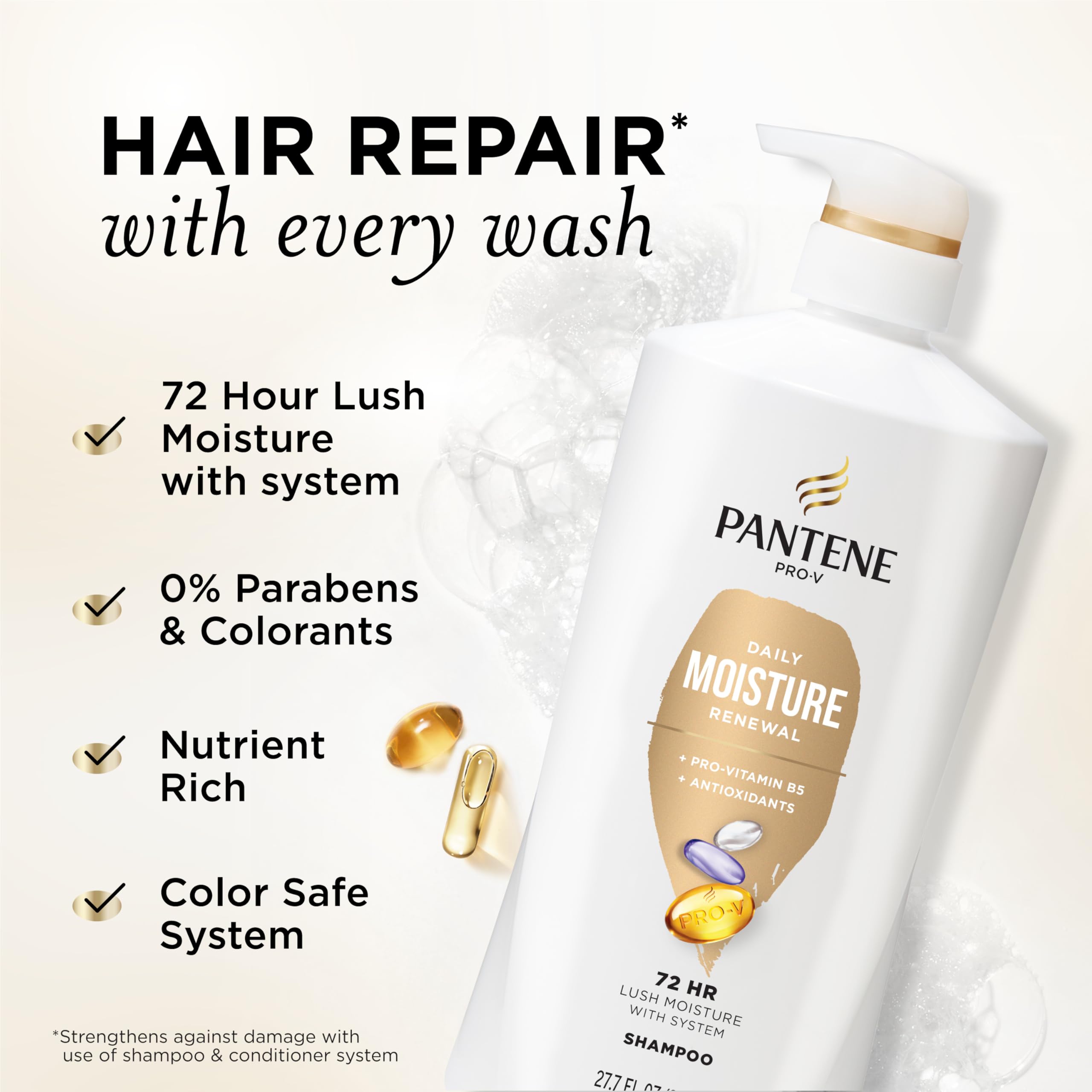 Pantene 2-in-1 Shampoo & Conditioner, Daily Moisture Renewal - Pro-V Nutrients for Dry, Color-Treated, Straight to Curly Hair, 72-Hour Hydration & Softness, 27.7 Oz Each, 2-Pack + Rescue Shot (0.5 Oz)