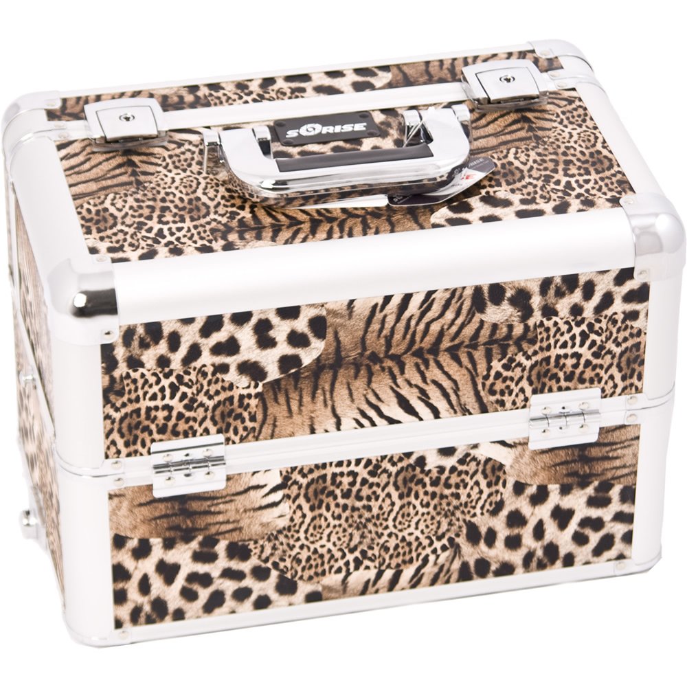 9.75 inch Brown Leopard Animal Print Interchangeable E Series 3 Extendable Customize Trays Aluminum Professional Makeup Artist Travel Train Case Cosmetics Storage Tote Organizer w/Shoulder Strap