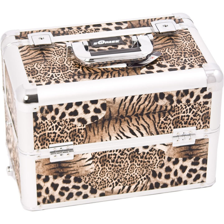 SUNRISE Professional Makeup Case E3302 Aluminum, 3 Easy-Slide Trays, Adjustable Drawer Dividers, Locking with Shoulder Strap, Brown Leopard