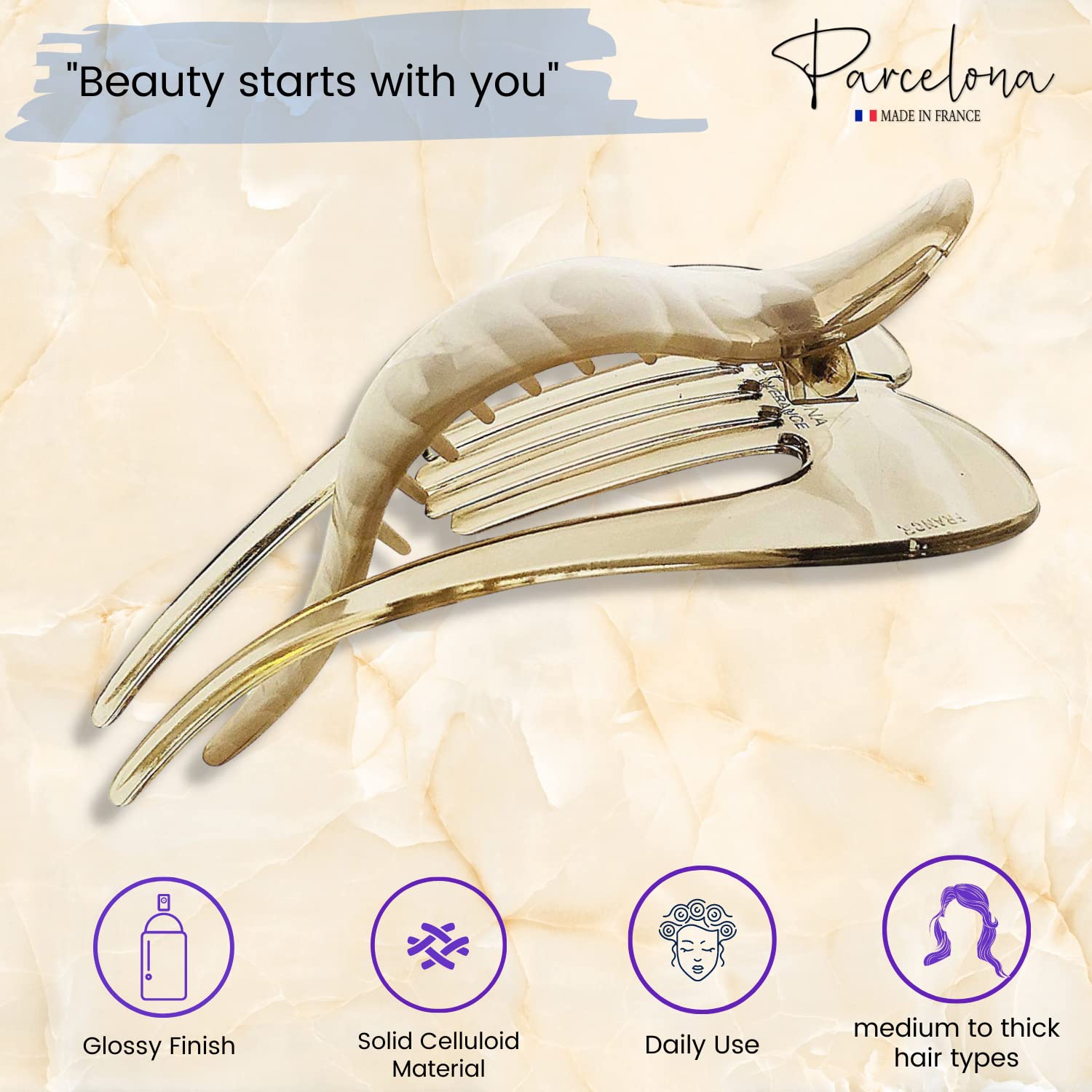 Parcelona French Pelican Ivory Cream Celluloid Acetate 5 Inch Salon Hinge Hair Claw Clip Slide in Secure Grip Clamp Clutcher for Fine and Long Hair