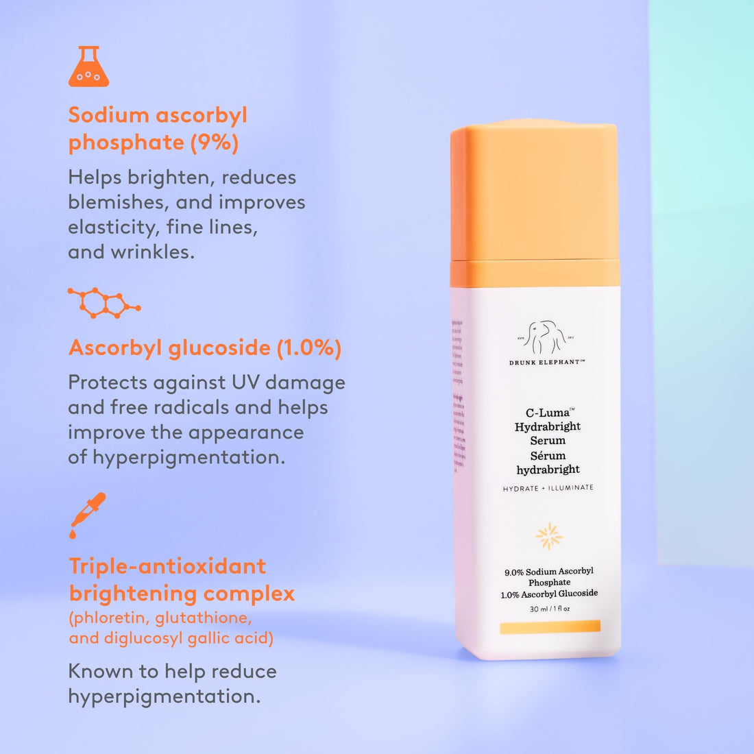 Drunk Elephant C-Luma Hydrabright Serum - 30 ml/1 fl oz - 10% Hydrating Vitamin C - Clean Clinical Skincare - Cruelty-Free - Dermatologist-Tested - Free of Essential Oils, Silicones, and Fragrance