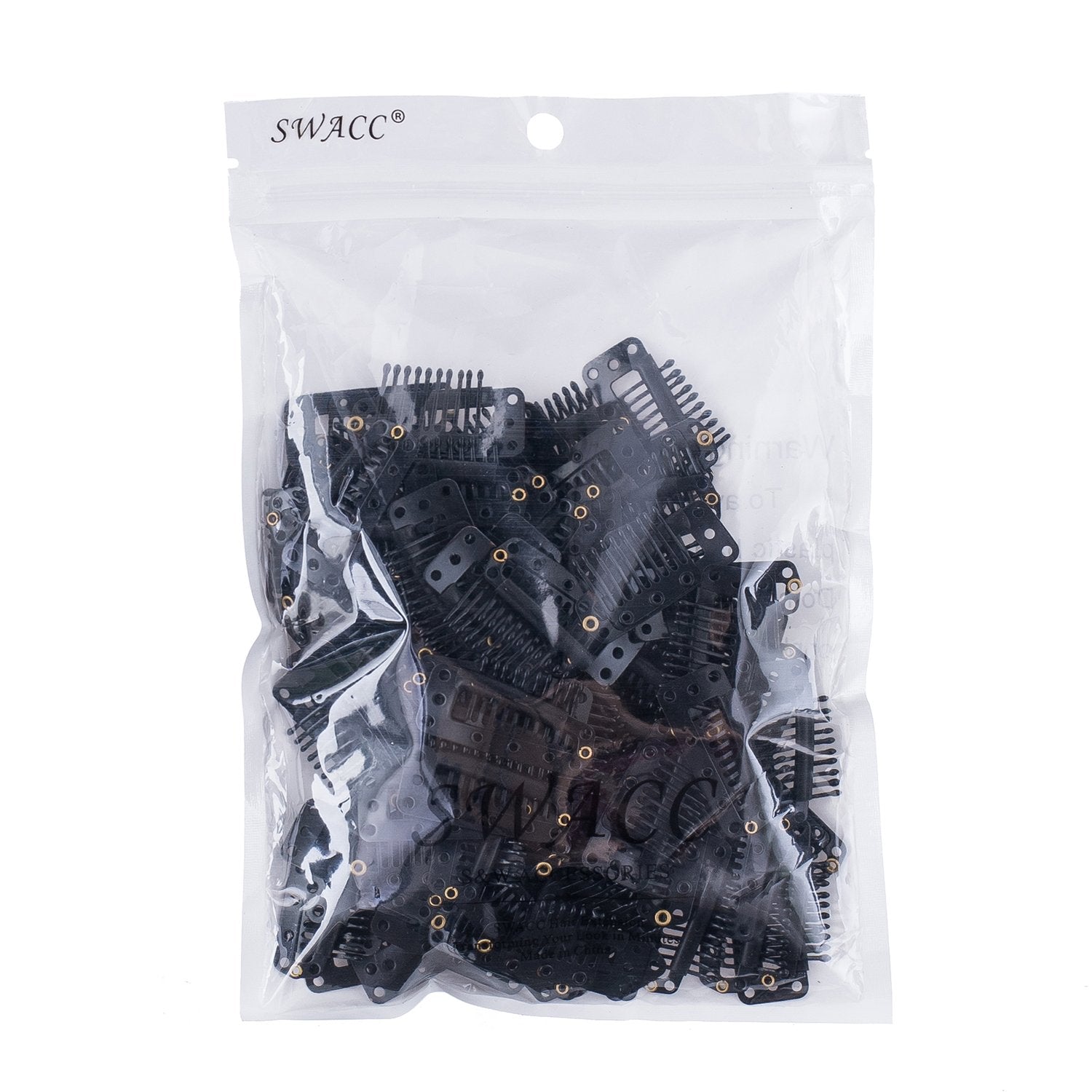 Black, 10-Teeth 9 holes : SWACC 100 Pcs U Shape Metailic Snap Clips ins for Hair Extension Hairpiece DIY Snap-Comb Wig Clips with Rubber (Black, 10-Teeth 9 holes)