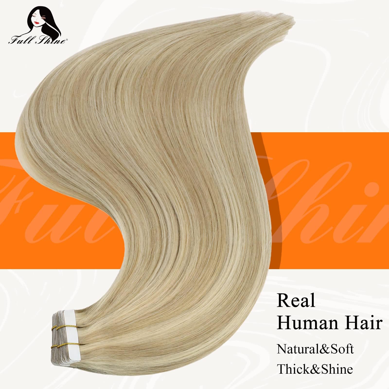 Fshine Remy Tape in Hair Extensions 14 Inch Tape in Real Hair Extensions 50 Grams 20 Pcs Brazilian Hair Glue in Extensions Color 16 Highlighted 22 Light Blonde Tape Hair Extensions