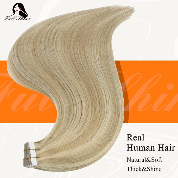 Fshine Remy Tape in Hair Extensions 14 Inch Tape in Real Hair Extensions 50 Grams 20 Pcs Brazilian Hair Glue in Extensions Color 16 Highlighted 22 Light Blonde Tape Hair Extensions
