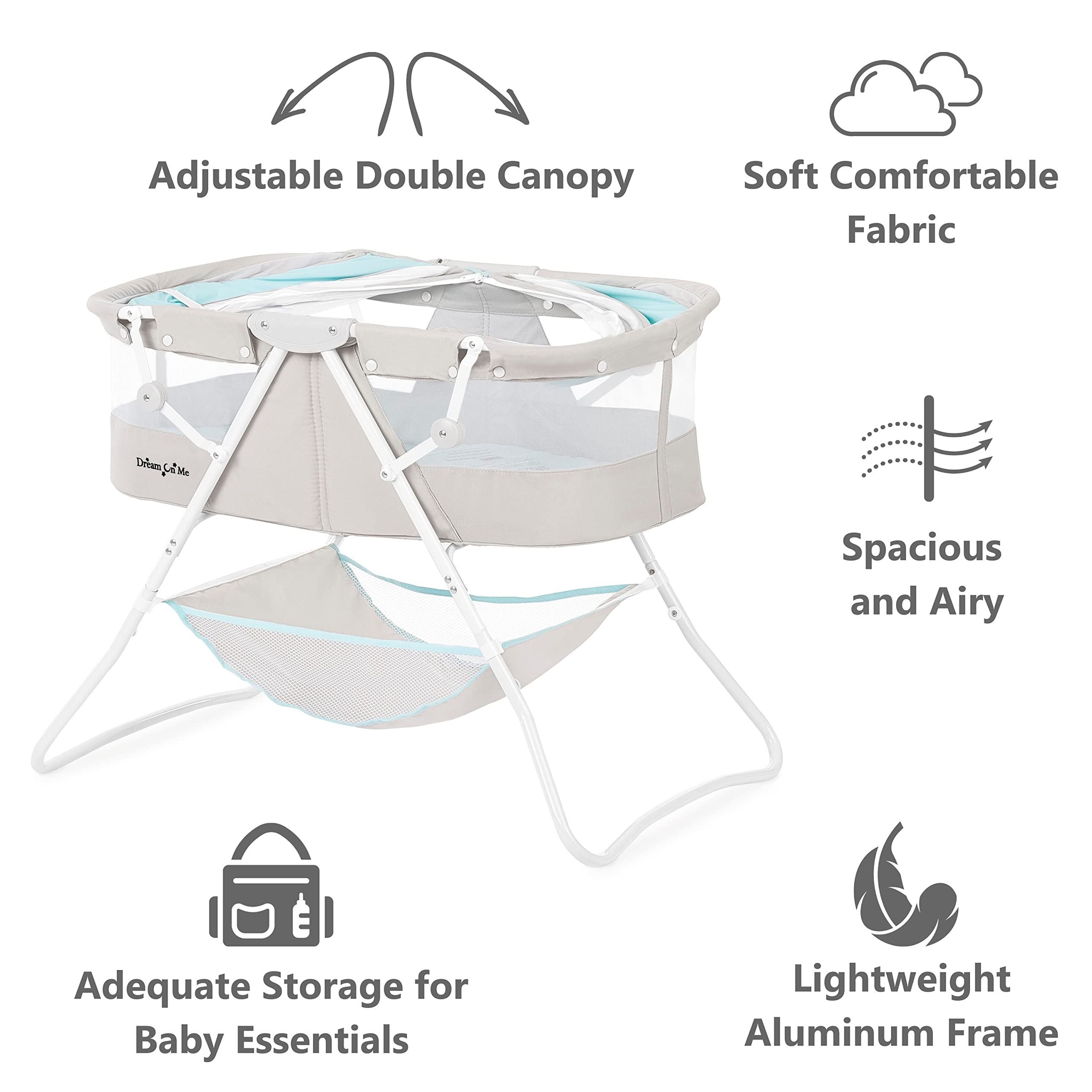 Dream On Me Karley Bassinet in Blue & Grey, Lightweight Portable Baby Bassinet, Quick Fold and Easy to Carry , Adjustable Double Canopy, Indoor and Outdoor Bassinet with Large Storage Basket.