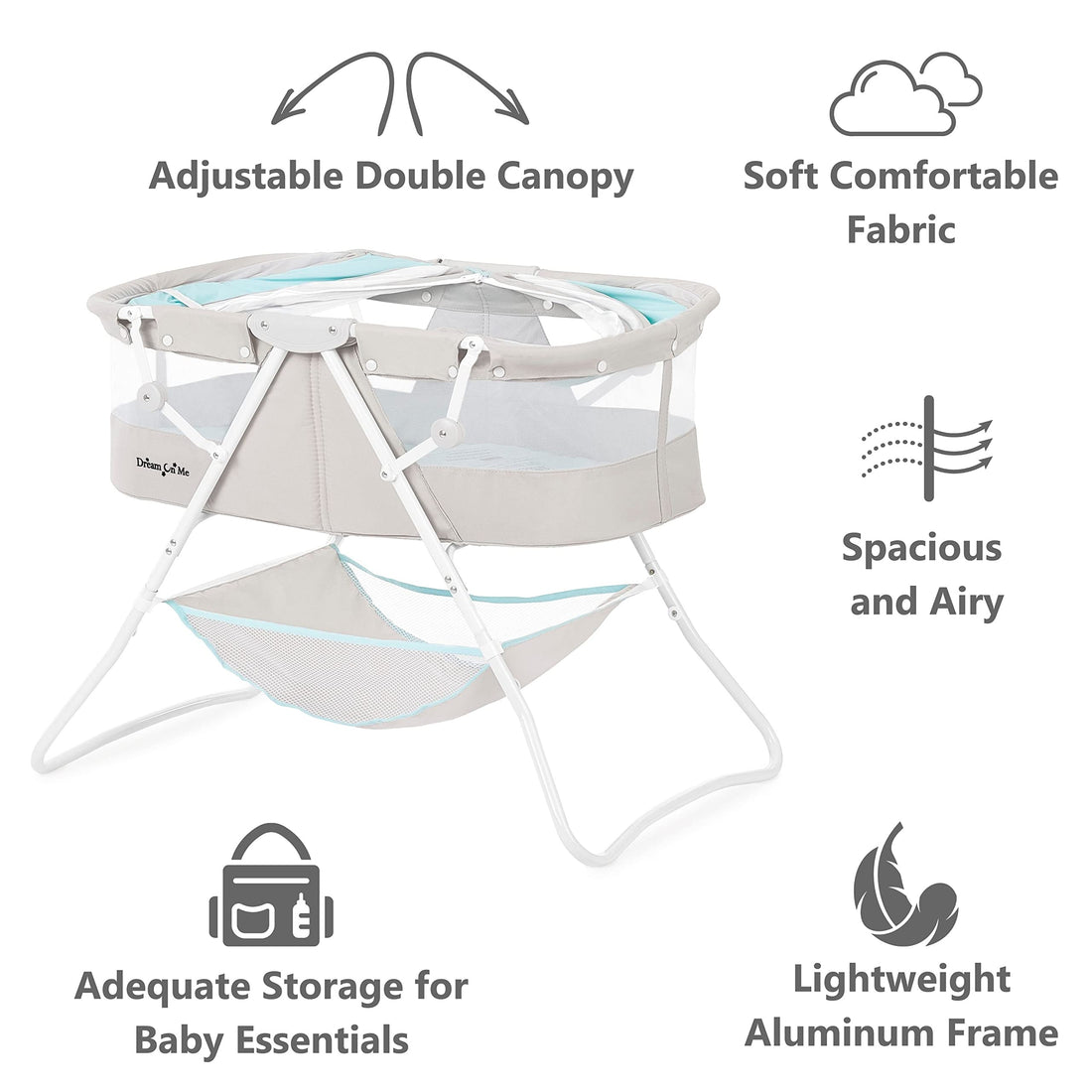 Dream On Me Karley Bassinet in Blue & Grey, Lightweight Portable Baby Bassinet, Quick Fold and Easy to Carry , Adjustable Double Canopy, Indoor and Outdoor Bassinet with Large Storage Basket.