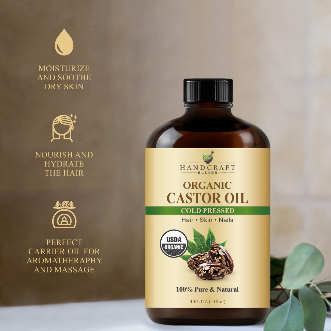 Handcraft Blends Cold-Pressed Organic Castor Oil in Glass Bottle with Lash Brushes - 4 Fl Oz - 100% Pure and Natural - Premium Grade Carrier Oil for Hair Growth, Eyelashes and Eyebrows - Hair and Body
