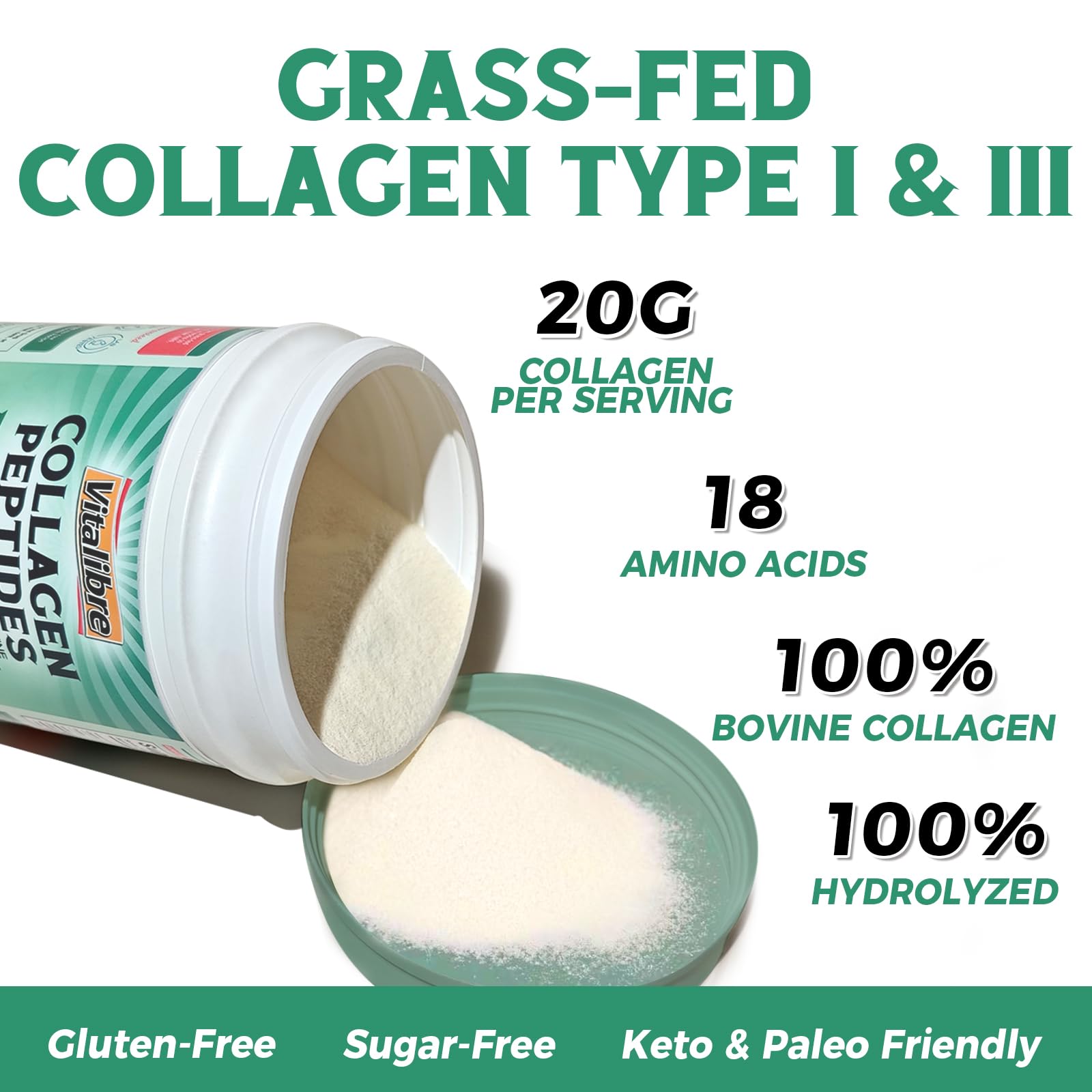 Bovine Collagen Peptides Powder for Women and Men, Grass-Fed Hydrolyzed Collagen Protein Type I & III, Skin, Hair, Nails, Bones, Joints & Digestion, Unflavored, Non-GMO, Keto & GF, 22 Servings, 16oz