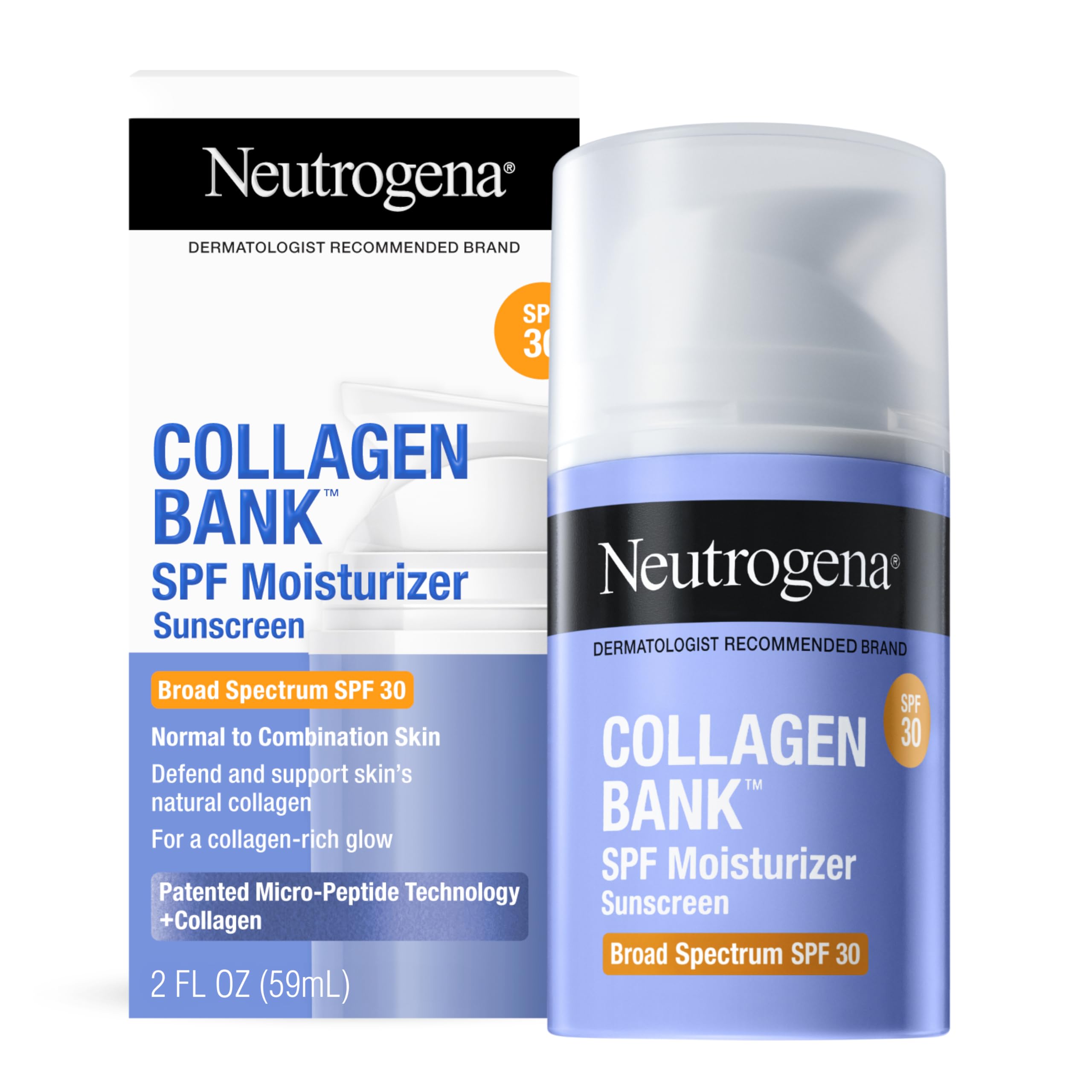 Neutrogena Collagen Bank Face Moisturizer with SPF 30 Sunscreen, Daily Anti-Aging Face & Neck Collagen Cream with Micro-Peptides & SPF to Support & Protect Skin’s Natural Collagen, 2 fl oz