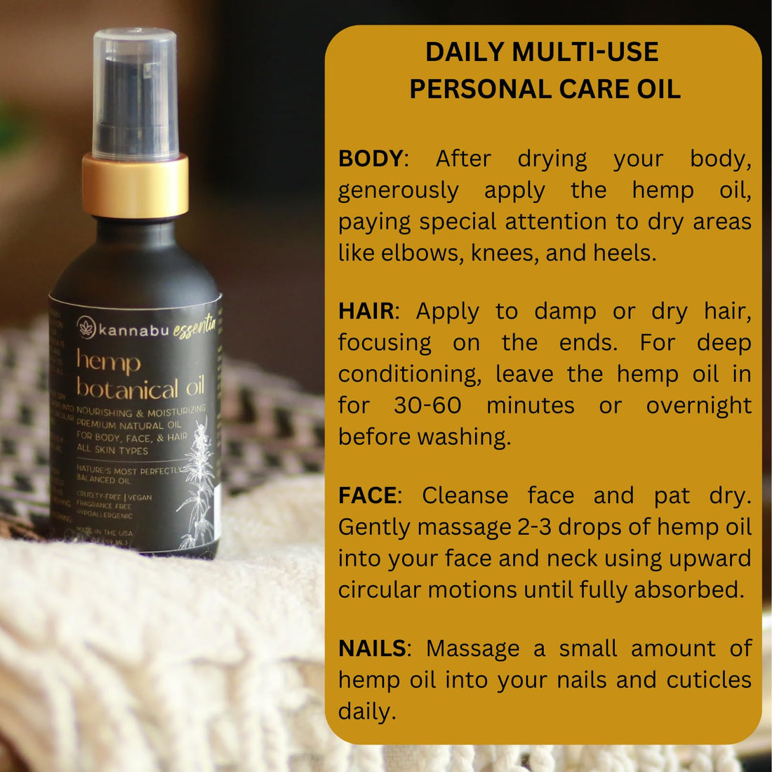 Kannabu Essentia Hemp Botanical Oil for Skin, Hair, Nails & Body | All Natural Vitamin E | Pure Omegas | Cold-Pressed Hemp Seeds | Vegan Non-GMO Cruelty-Free (2 Fl Oz - Pack of 1)