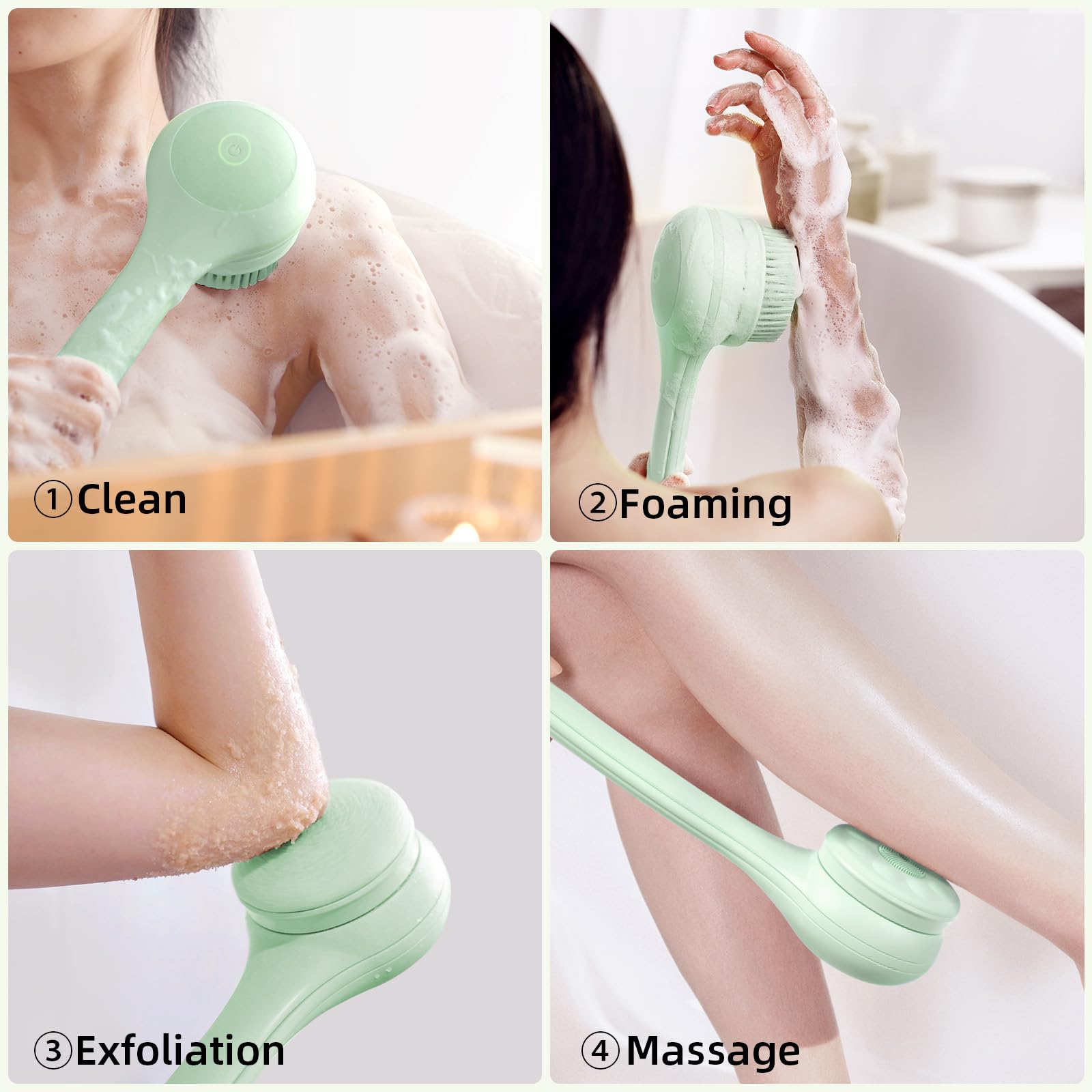 Oh,XIYU. Electric Body Brush Back Scrubber for Shower, Waterproof Long Dual Handle Power Body Scrubber with 3 Heads, Rechargeable Bath Brush & 2 Speeds, for Cleansing, Exfoliating and Massaging Skin