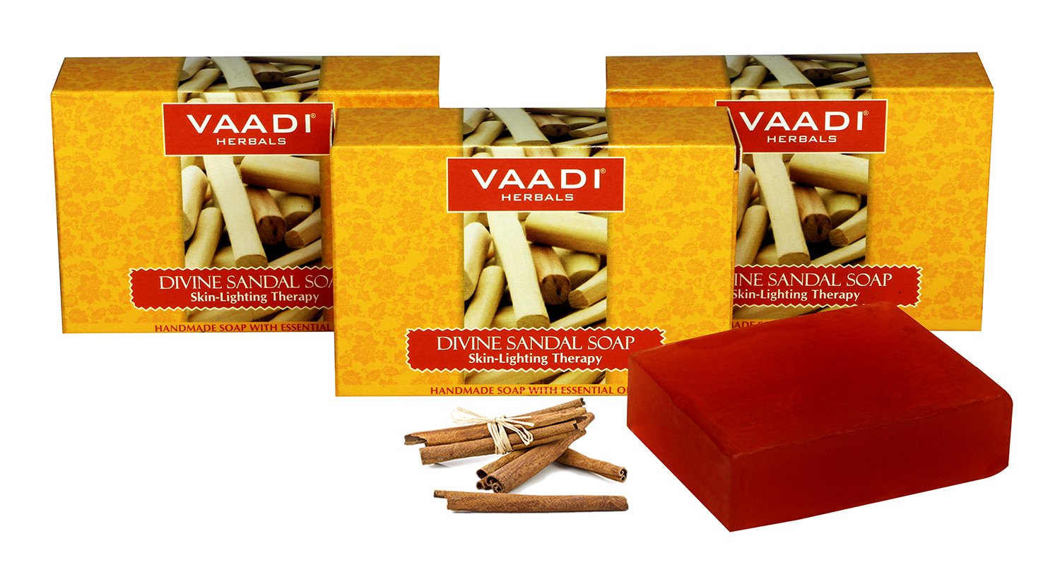 Vaadi Herbals Sandalwood Oil Bar Soap with Saffron and Turmeric Extracts - Handmade Herbal Soap with 100% Pure Essential Oils - ALL Natural - Each 2.65 Oz - Pack of 3 (8 Oz)