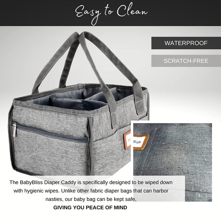 BabyBliss Diaper Caddy - Storage Bin for Nursery - Car Organizer for Diapers and Baby Essentials - Waterproof Storage Basket for Changing Table