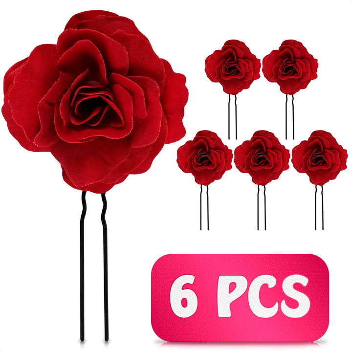 Buorsa 6Pack Elegant Red Rose Bridal Hair Clips Wedding Women and Girls Hair Accessories Bridesmaids Headpiece