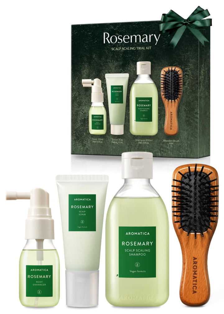 AROMATICA Rosemary Scalp Scaling Trial Kit - Hair Travel Kit | Mini Size Shampoo and Dry Scalp Treatment Set with Mini Wooden Brush, hair care for women