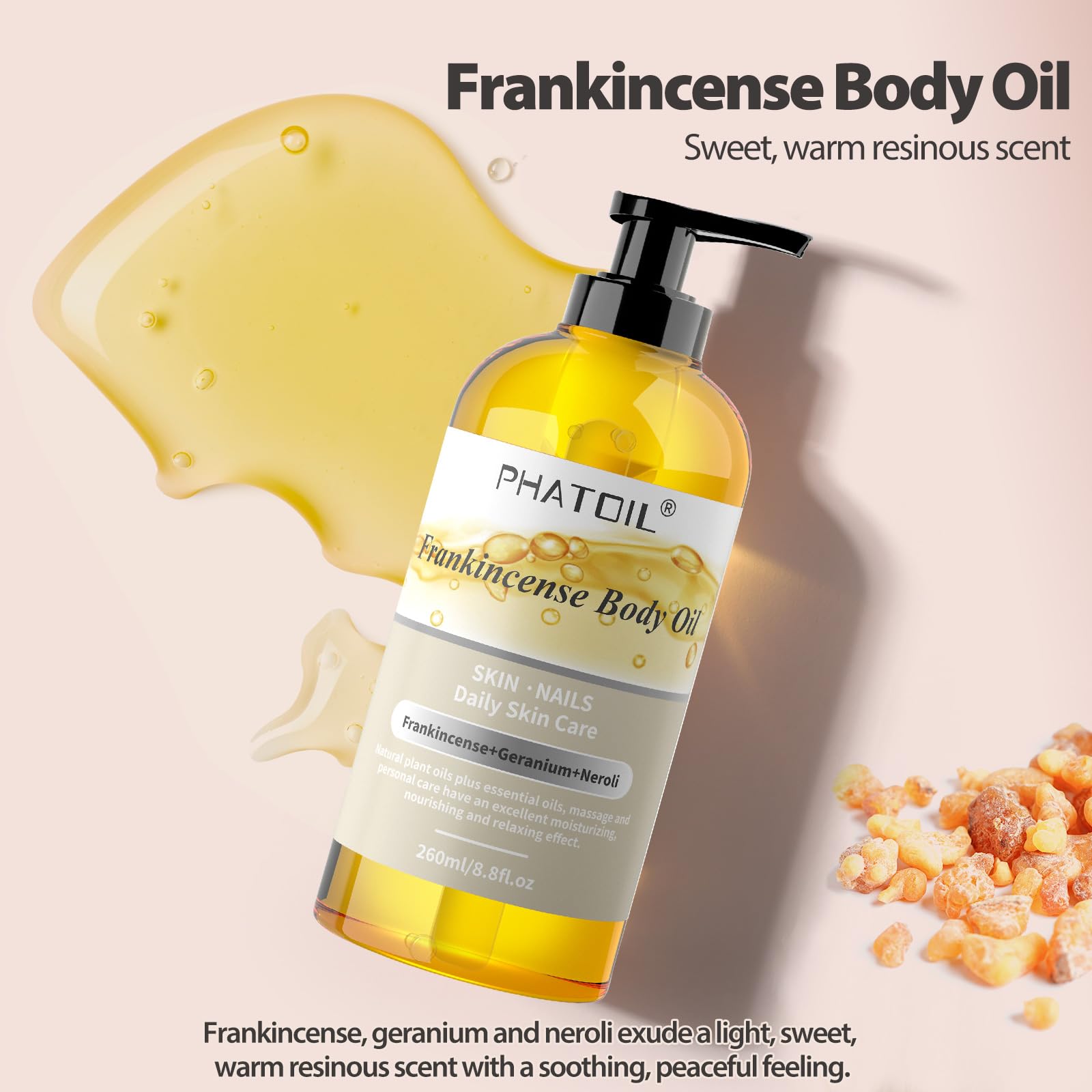 PHATOIL Frankincense Body Oil 8.8 FL.OZ, 260 ml Moisturizing Massage Oil Skin Oil with Pump, Body Oils for Men and Women Skincare, Blends of Natural Plant Oils and Essential Oils, Frankincense Oil