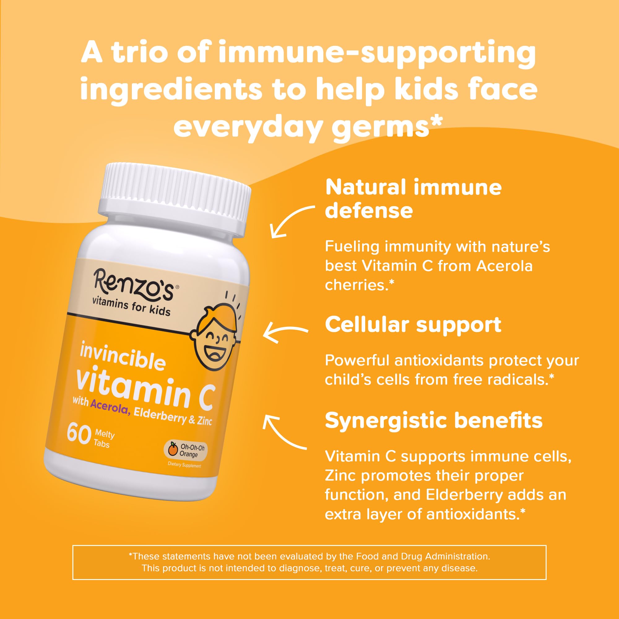 Renzo's Invincible Vitamin C for Kids with Elderberry & Zinc - Dissolvable Kids Vitamins for Immune Support - 60 Orange-Flavored Melty Tabs