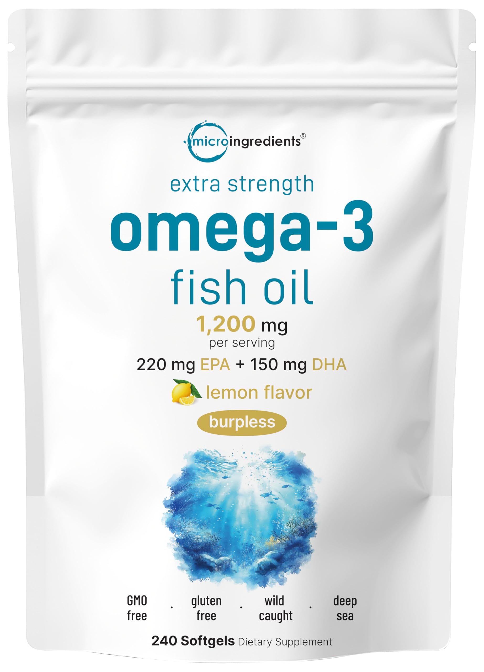 Extra Strength Omega 3 Fish Oil Supplements 1,200mg Per Serving, 240 Softgels | Lemon Flavored | Burpless | Essential Fatty Acids | EPA 220mg + DHA 150mg | Deep Sea Fish