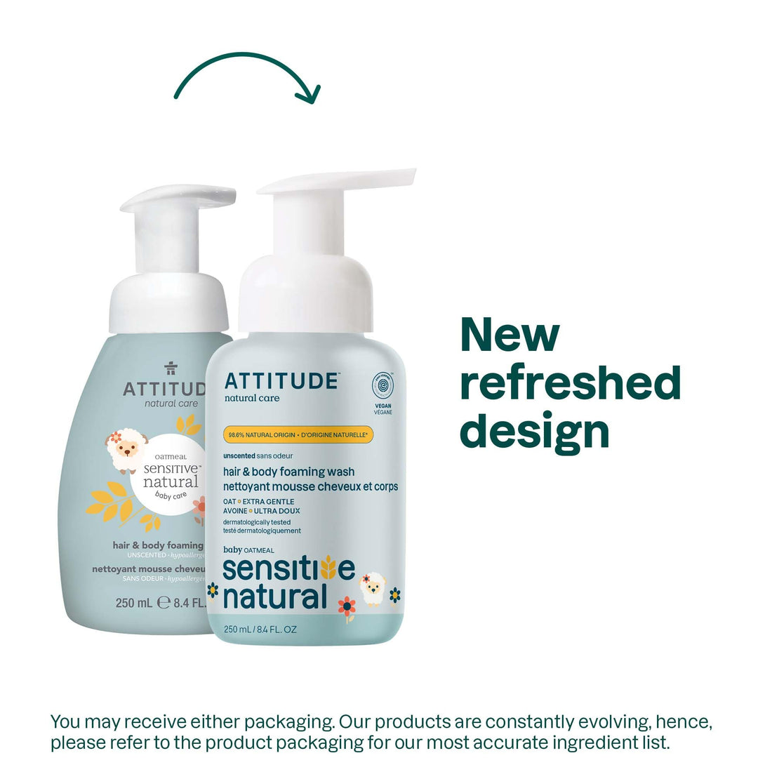 Attitude 2-in-1 Natural Hair and Body Foaming Wash Baby, Fragrance Free, 8.4 Fluid Ounce