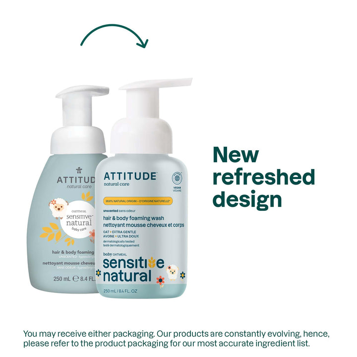 Attitude 2-in-1 Natural Hair and Body Foaming Wash Baby, Fragrance Free, 8.4 Fluid Ounce
