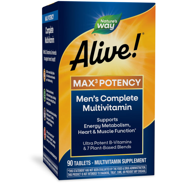 Nature’s Way Alive! Men’s Max3 Potency Multivitamin, Supports Energy Metabolism*, Heart & Muscle Function*, with Methylated B12 and Folate, Gluten-Free, 90 Tablets (Packaging May Vary)