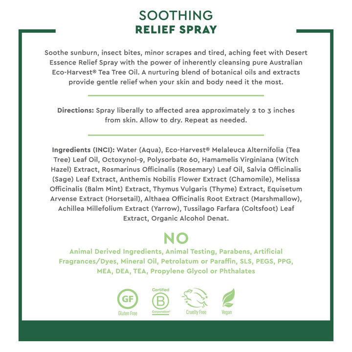 Desert Essence Relief Spray - 4 Fl Oz - Antiseptic Eco-Harvest Tea Tree Oil & Other Essential Oils - Natural First Aid - Minor Burns - Sunburn - Insect Bites - Scrapes - May Comfort Aching Feet