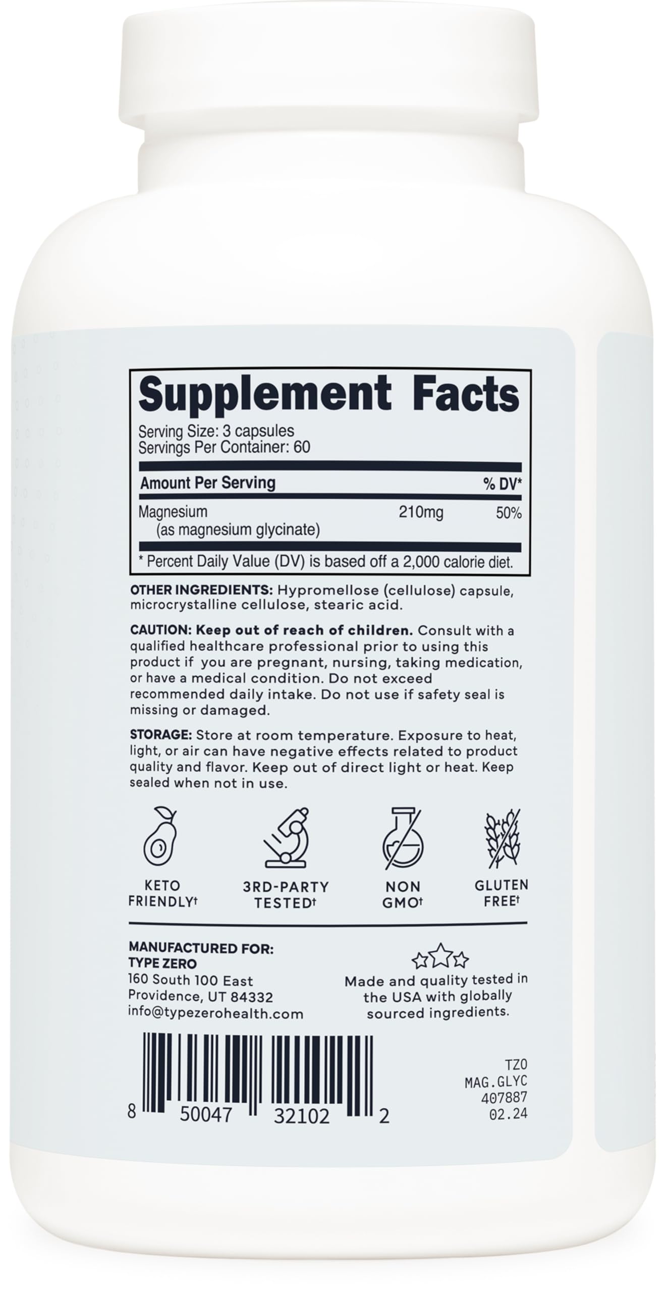 Type Zero Magnesium Glycinate (210mg | 180 Capsules) Pure, Non-GMO, Gluten Free, Natural High Absorption Magnesium Supplement