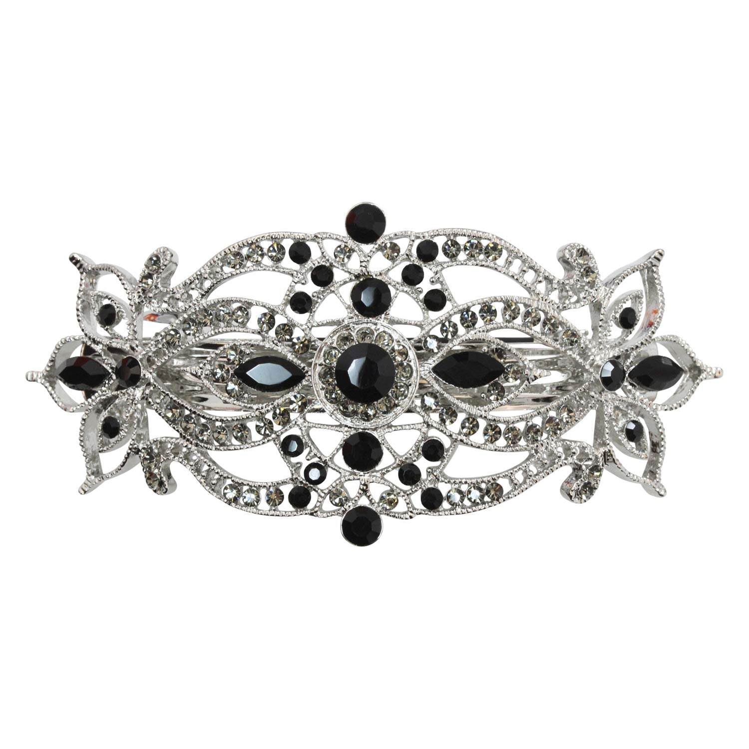 Faship Gorgeous Black Rhinestone Crystal Big Floral Hair Barrette - Black