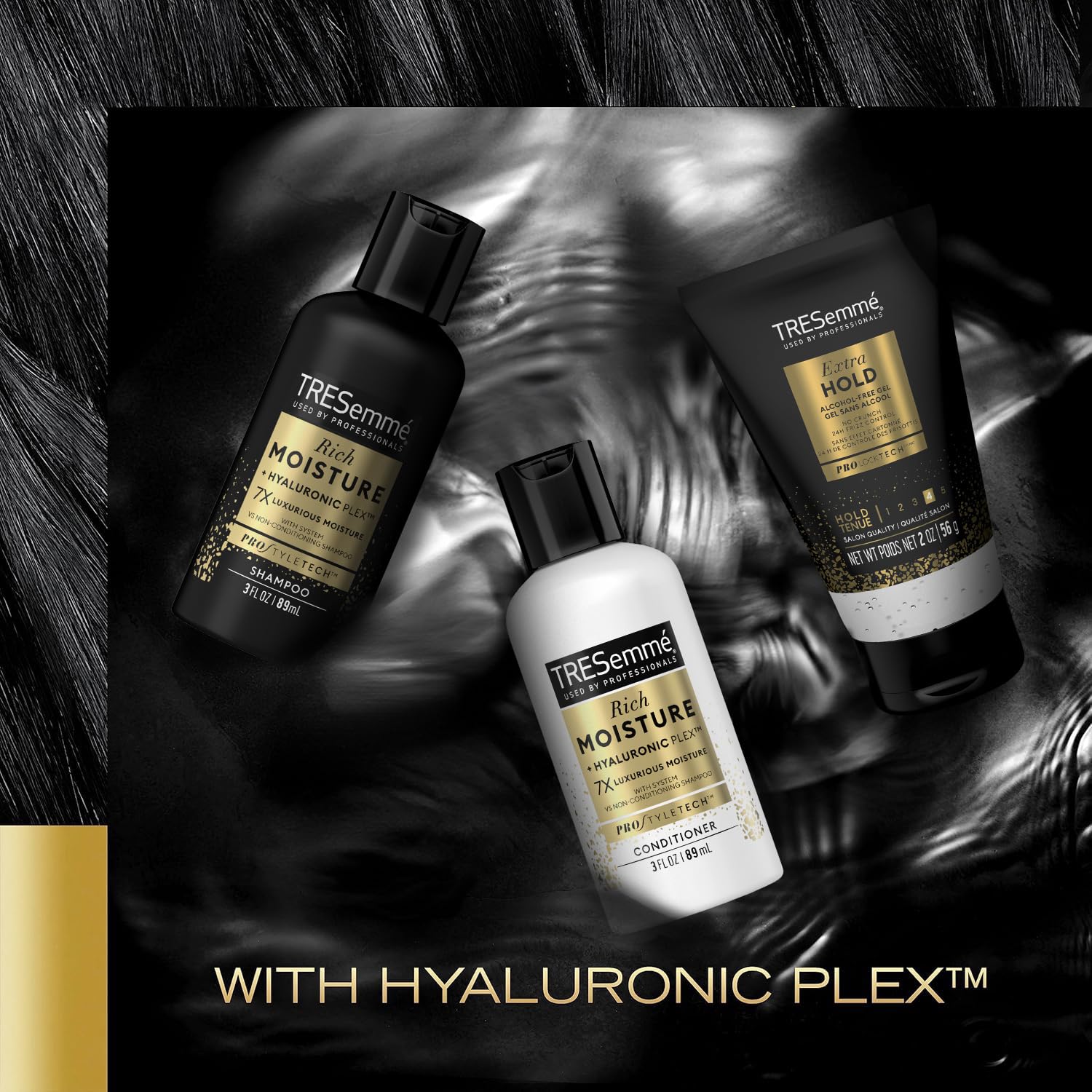 TRESemmé Travel Shampoo, Conditioner & Hair Gel – Rich Moisture Hair Products + Alcohol-Free Styling Gel, 24H Frizz Control (3 Piece Set)